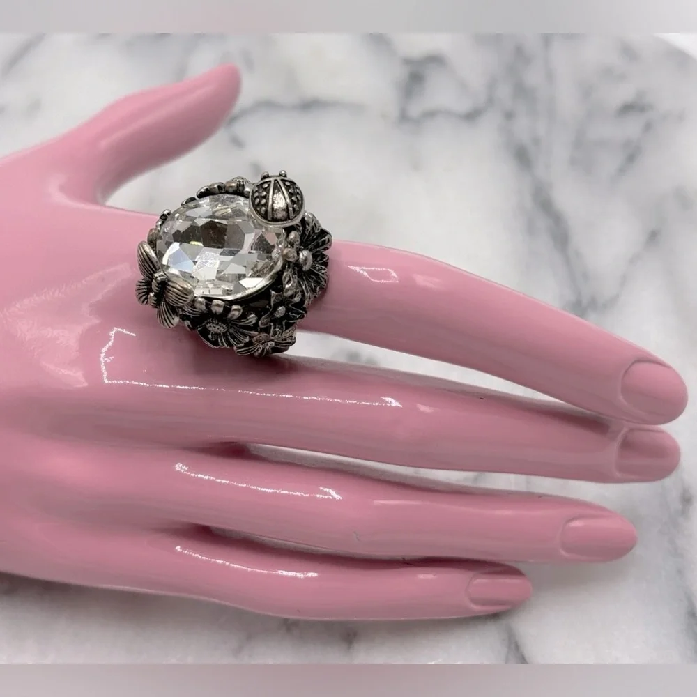 Chunky Flower‎ & Ladybug Antique Silver Tone Crystal Costume Ring Stretch Band